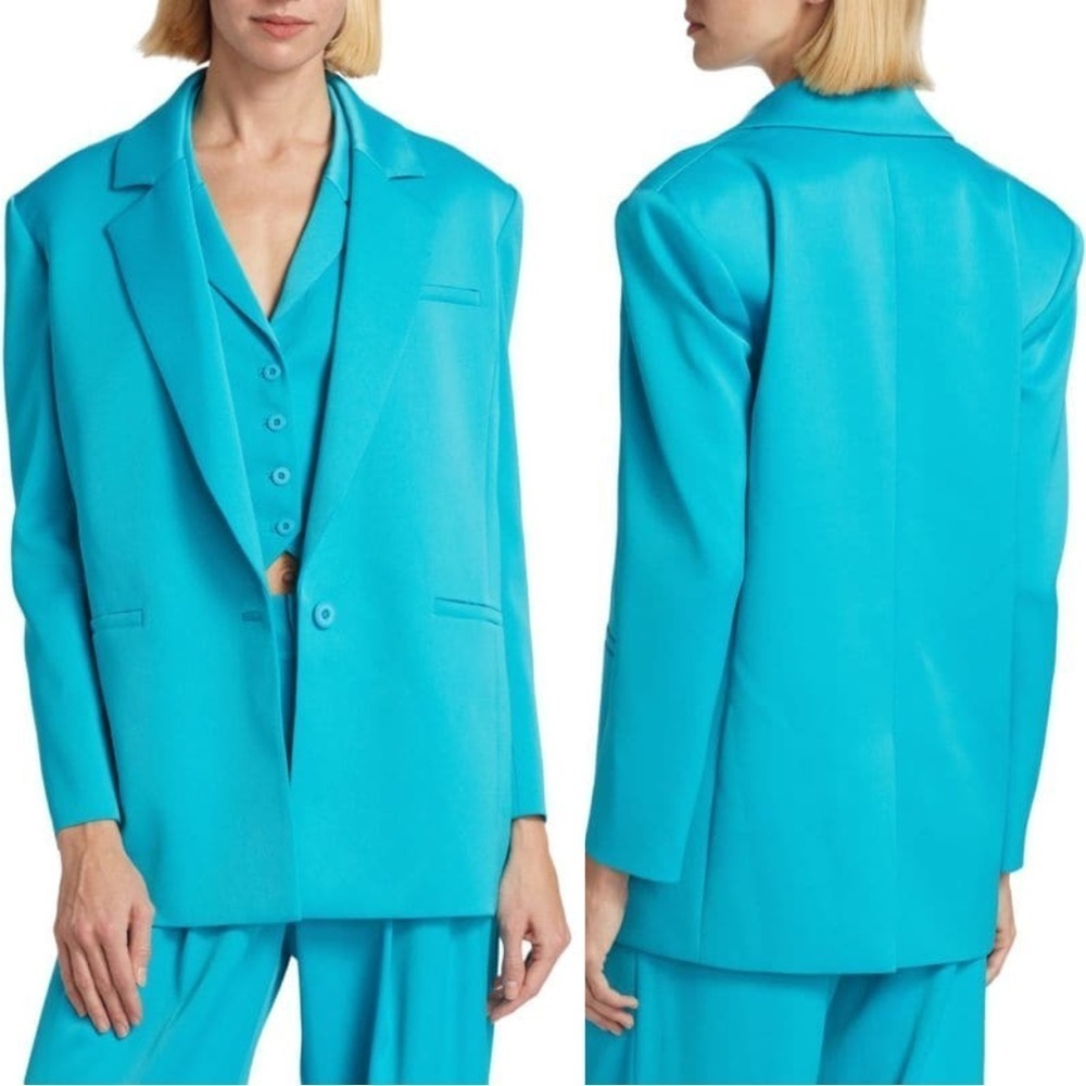 Alice + Olivia Shan Solid Oversized Satin Blazer - Ocean Blue - Size 4 - Picture 3 of 15